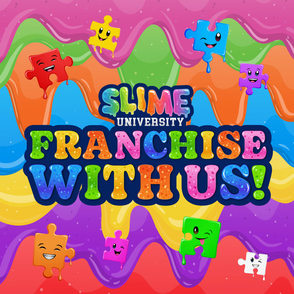 Colorful slime and puzzle pieces invite to join the Slime University franchise.