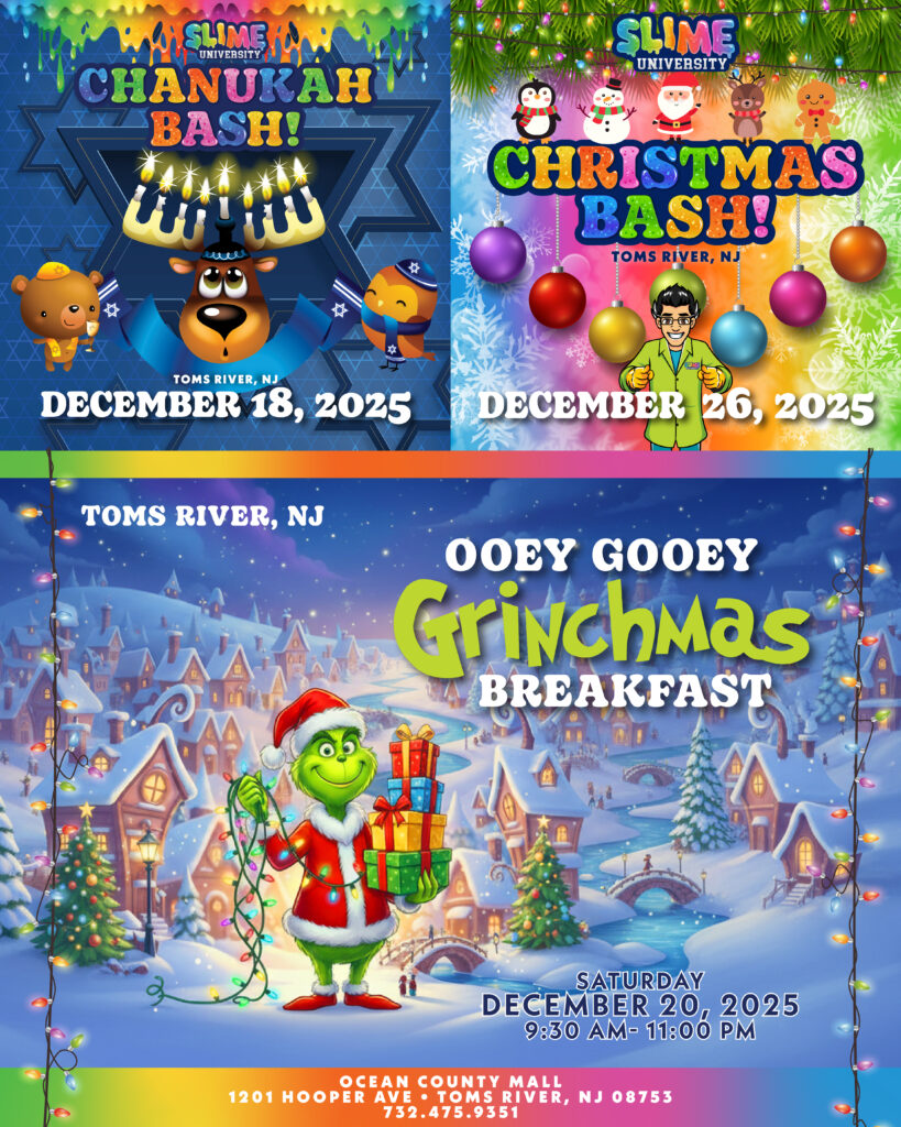 Colorful poster advertising Christmas Bash events and a Grinch-themed breakfast in Toms River, NJ.
