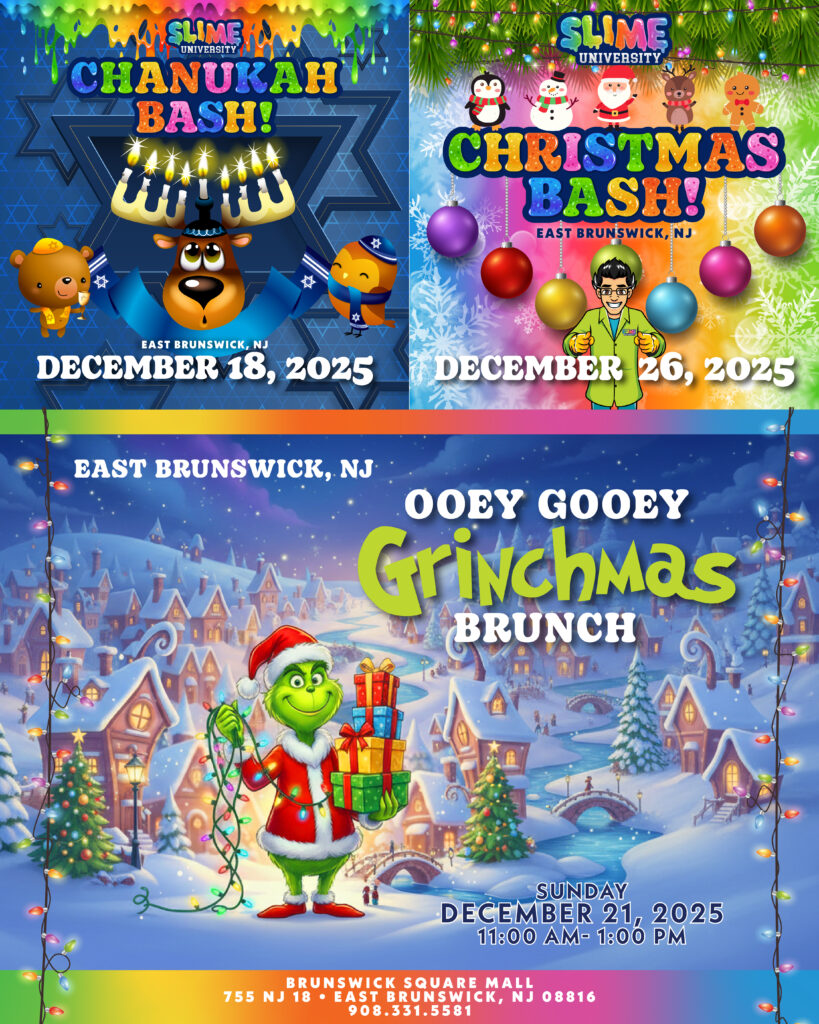 Colorful Christmas events posters featuring a festive Santa and cheerful characters.
